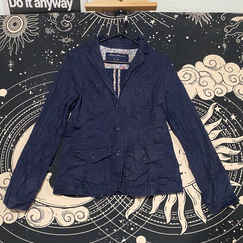 Vintage Eddie Bauer Blazer Jacket Womens 8 Blue Cotton Travel Utility Workwear